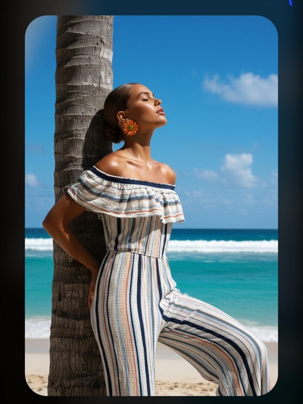 Striped Off-Shoulder Wide-Leg Jumpsuit - Blue & Cream By Wishful Park Size L